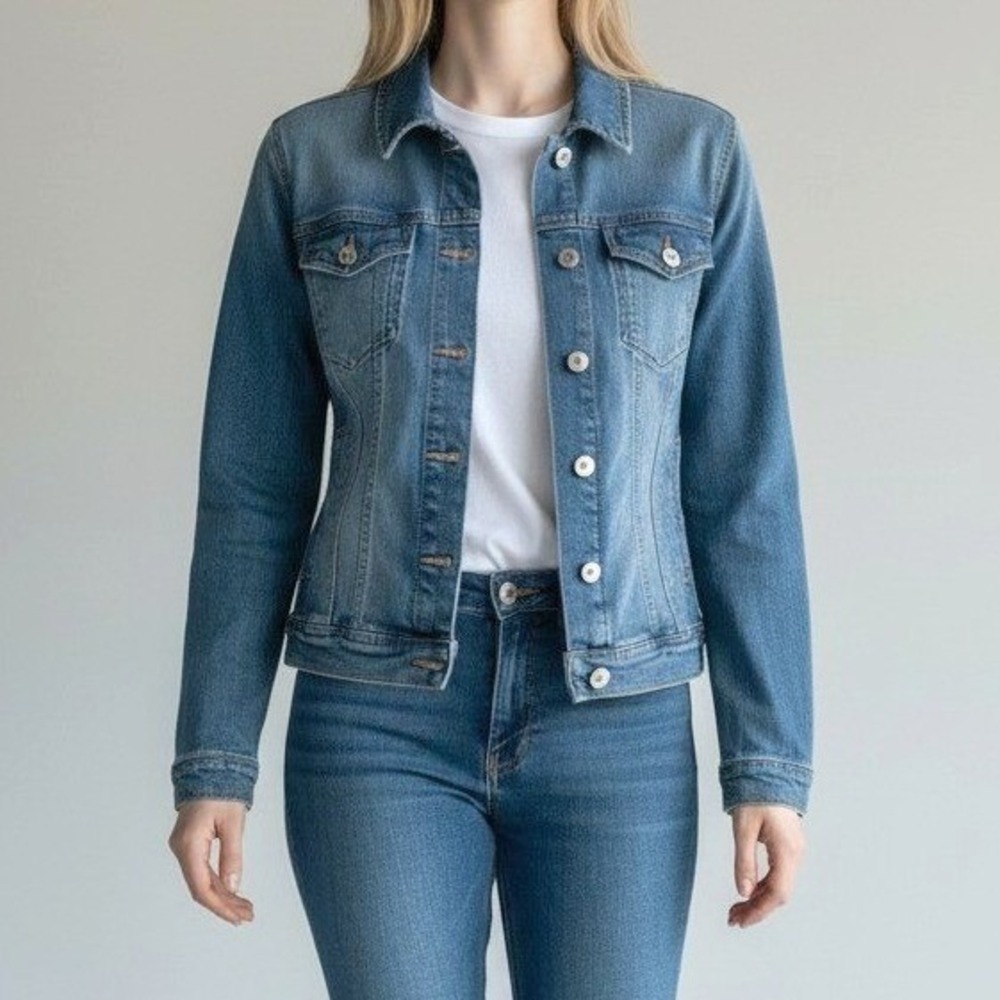 ELLE Jean Jacket‎ Trucker Cropped Medium Wash Womens XS Classic Casual Denim Y2K